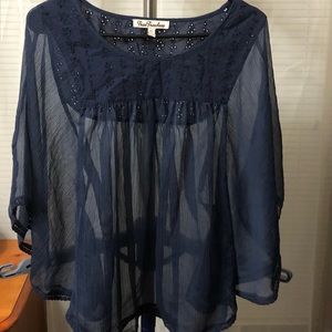 Navy blue sheer, flowy top with wide bell sleeves size xl.
